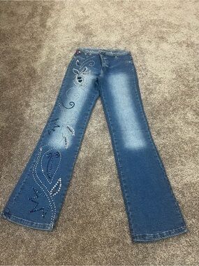 Y2K Embellished Blue Women’s Flared Jeans - some loose hems
